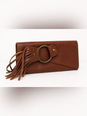 Lisa Leonard Brown Genuine Leather Tassel Clutch Wallet Organizer Boho